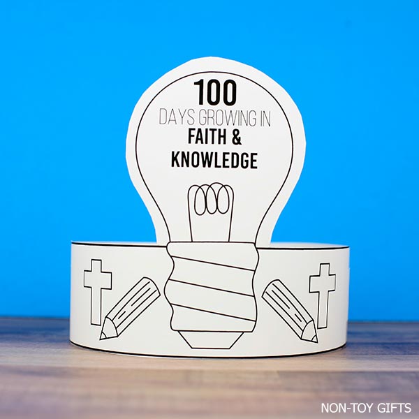 100 days growing faith and knowledge paper hat printable to celebrate the 10th day of school in a Catholic school